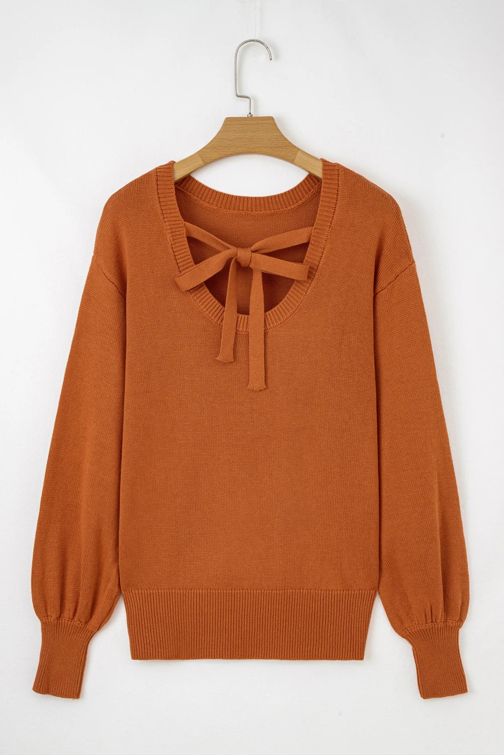 Gold Flame Solid Color Ribbed Trim Drop Shoulder Sweater