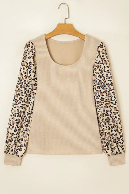 Apricot Leopard Sleeve Patchwork Ribbed Knit U Neck Top
