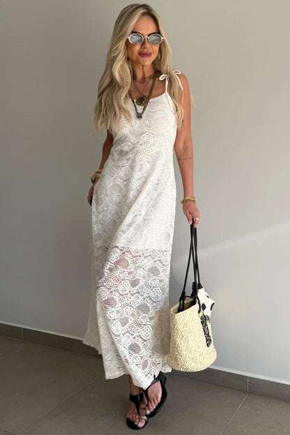 White Tie Spaghetti Straps Floral Lace Overlay Long Dress