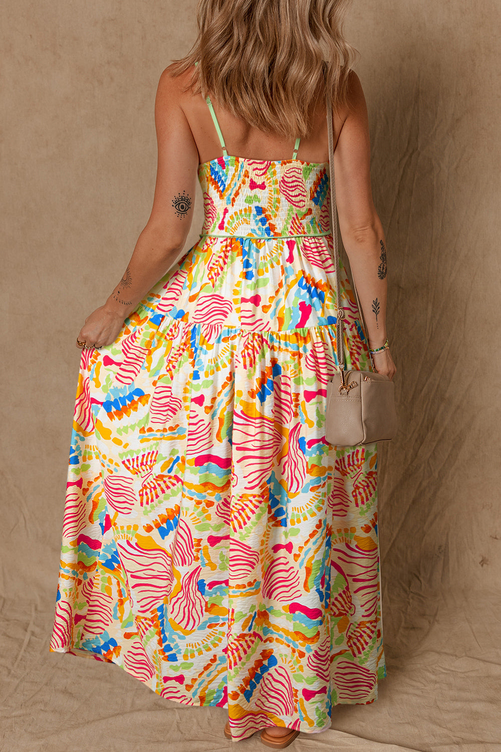Orange Abstract Print Spaghetti Strap Piping Detail Maxi Dress
