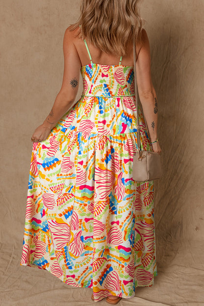 Orange Abstract Print Spaghetti Strap Piping Detail Maxi Dress