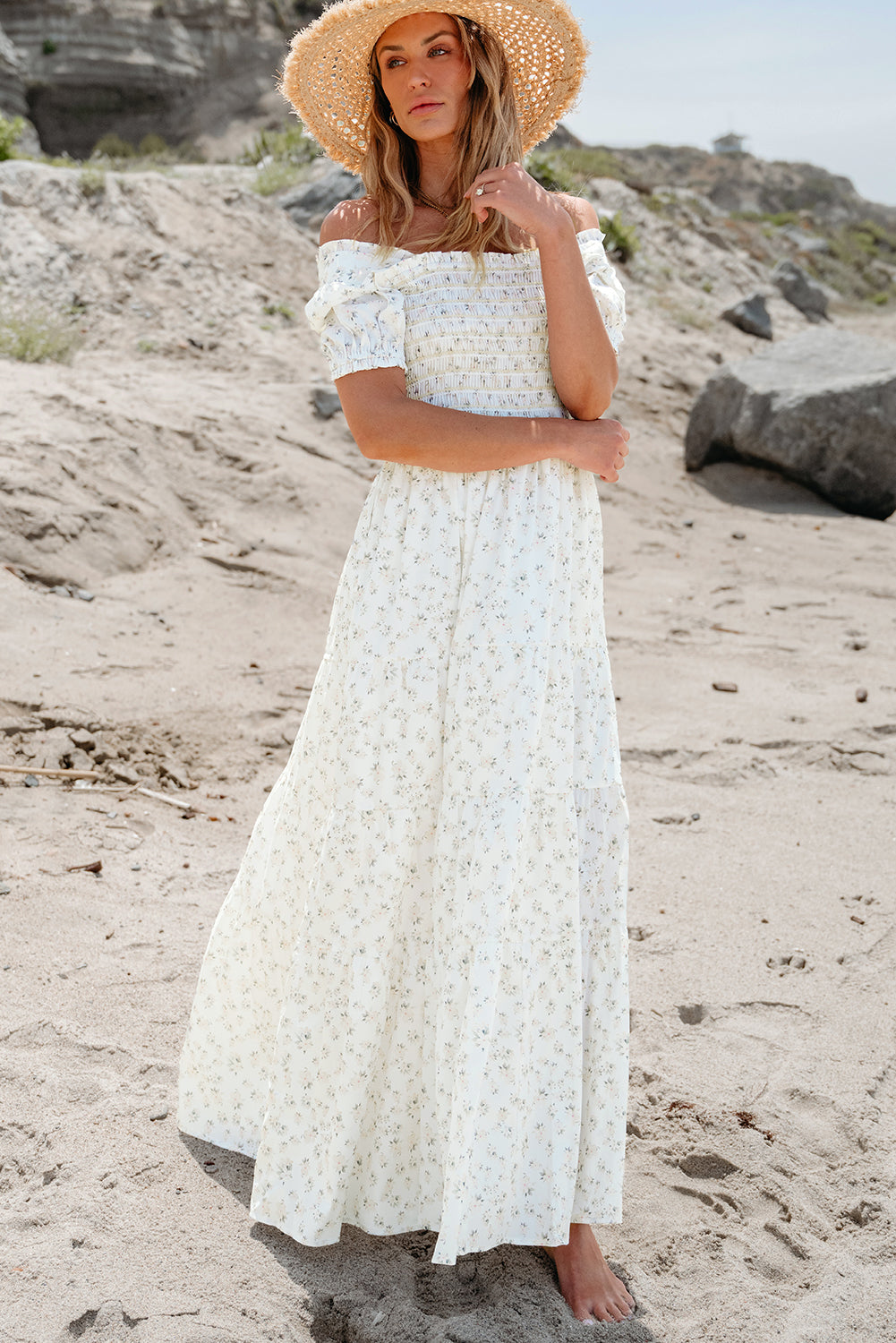White Frilly Shirred Bodice Tiered Floral Maxi Dress White XL 100 Polyester