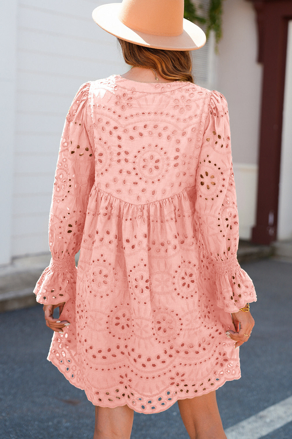 Light Pink Pointelle Drawstring Notch V Neck Loose Fit Mini Dress