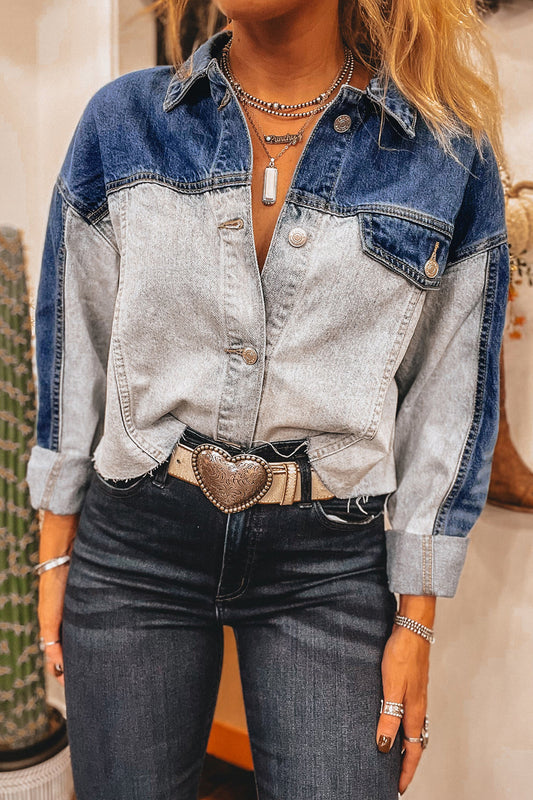 Dusk Blue Color Block Patchwork Flap Detail Distress Denim Jacket