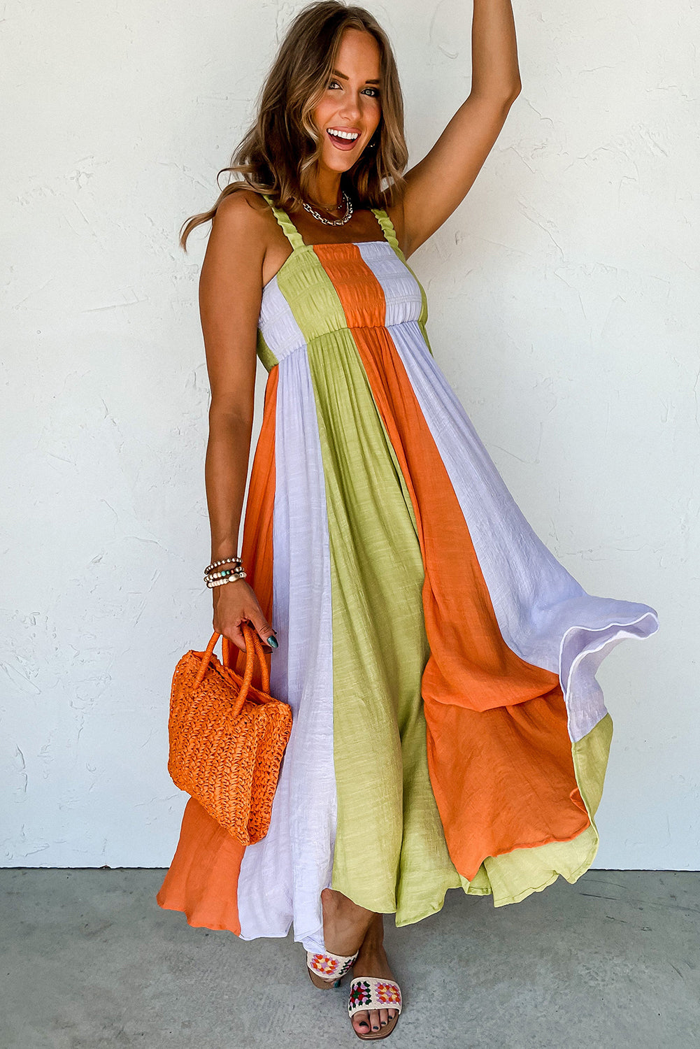 Color Block Shirred High Waist Fit and Flare Maxi Dress