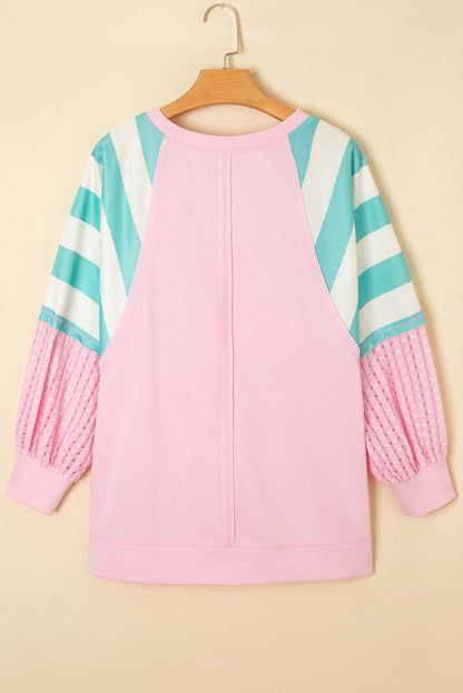 Bonbon Striped Colorblock Patchwork Raglan Pullover Top with Slits