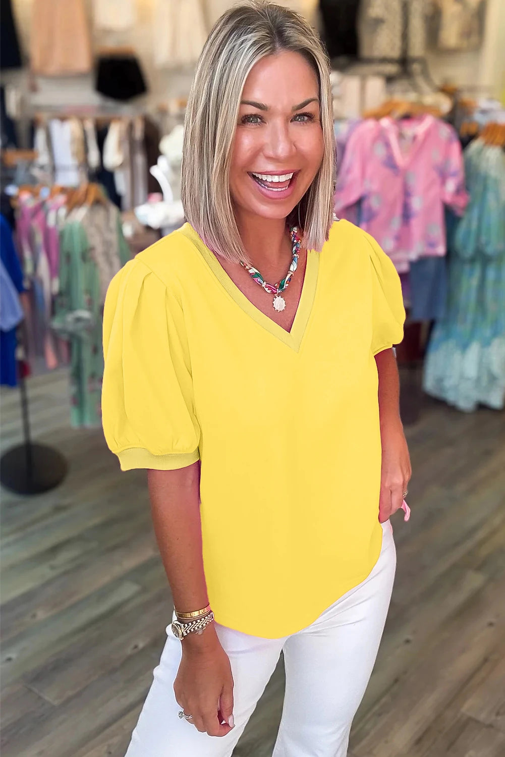 Solid Color V Neck Short Puff Sleeve Blouse