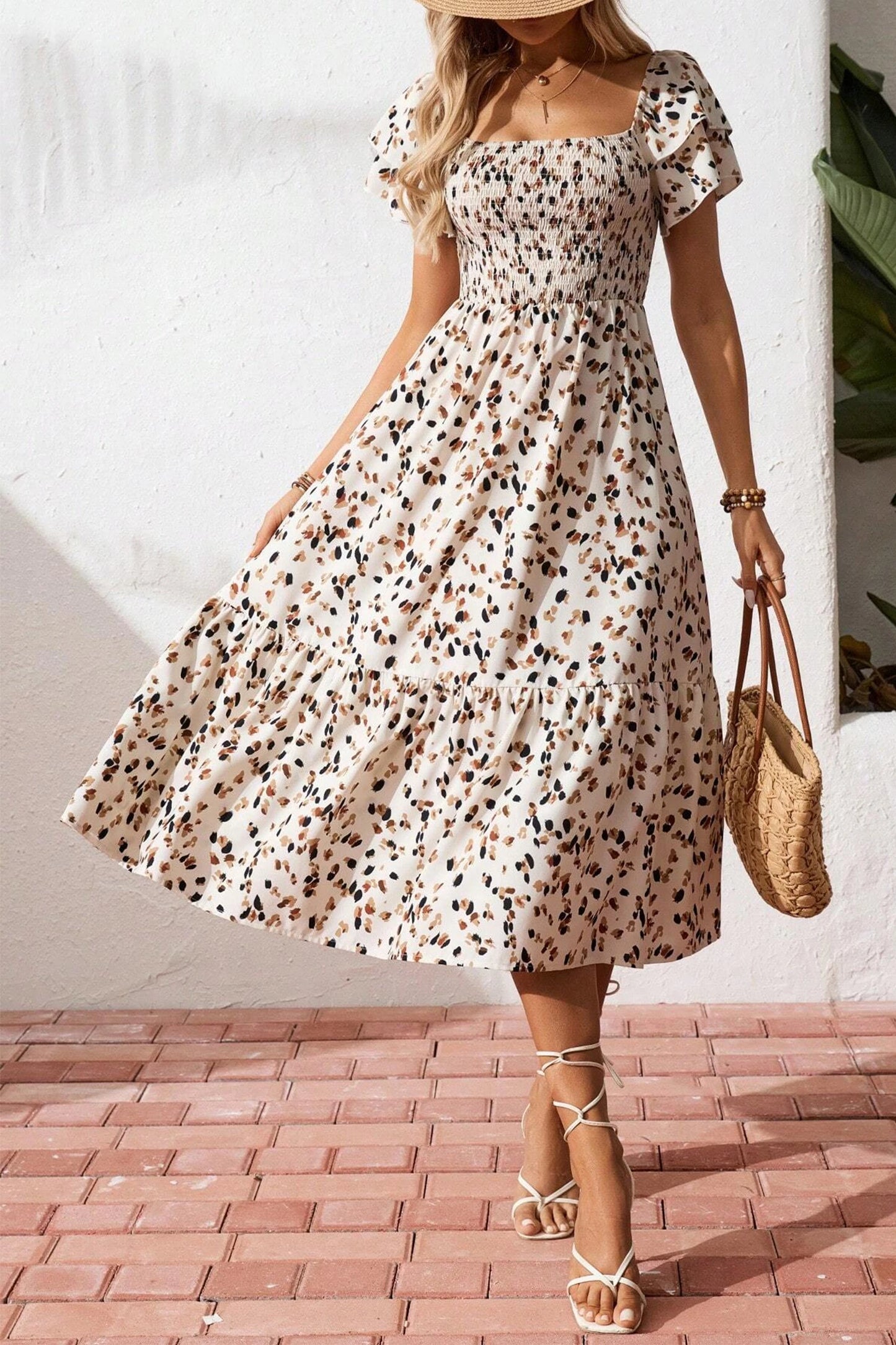 Beige Print Smocked Square Neck Ruffle Short Sleeve Dress