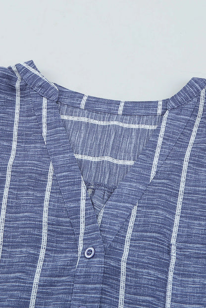 Blue Striped Print V Neck Half Buttons Loose Blouse