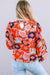 Fiery Red Floral Print Ruffle Puff Sleeve Blouse