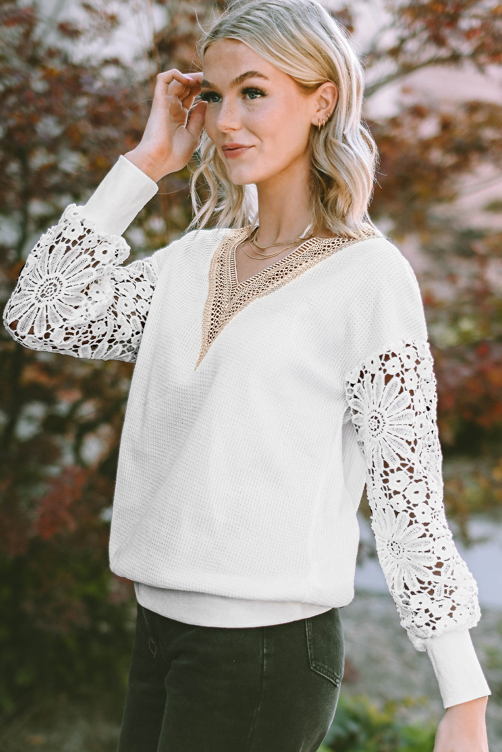 Lace Splicing V Neck Puff Sleeve Top