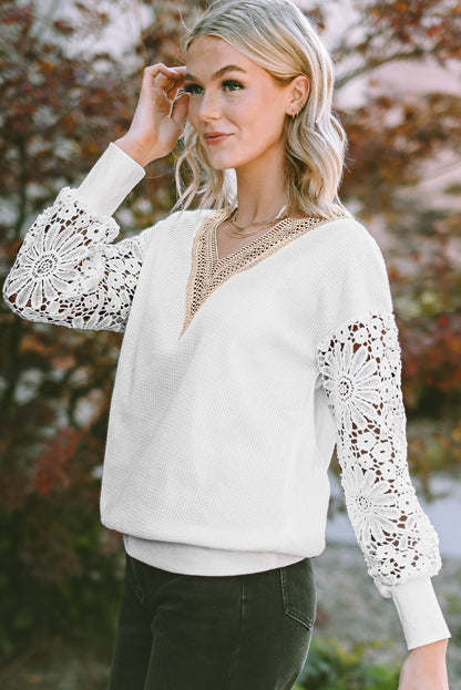 Lace Splicing V Neck Puff Sleeve Top