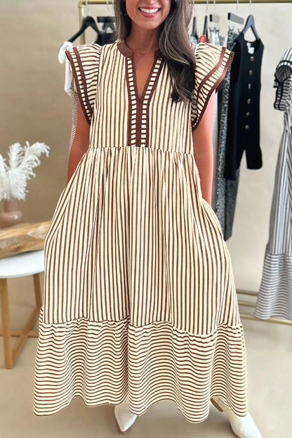 Brown Stripe Double Ruffled Short Sleeve Contrast Trim V Neck Midi Dress