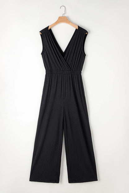 Deep V Pleated Crisscross Wide Leg Backless Jumpsuit