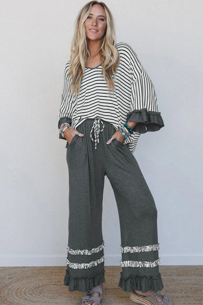 Ruffle Contrast Sleeve Top Drawstring Pants 2pcs Set