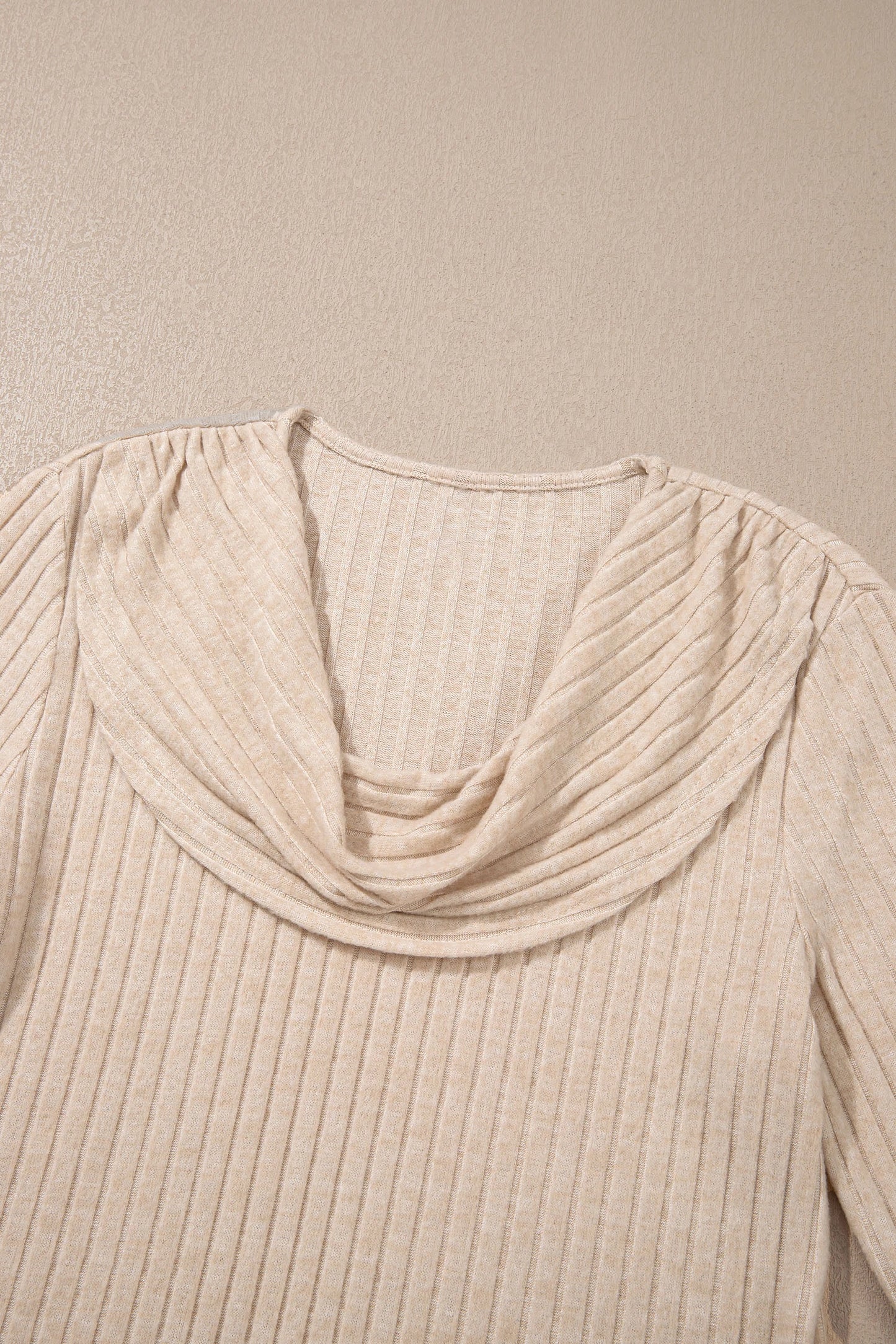 Apricot Solid Color Ribbed Knit Cowl Neck Long Sleeve Top