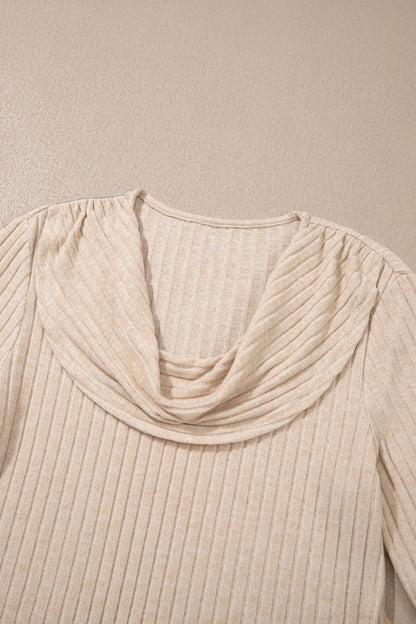 Apricot Solid Color Ribbed Knit Cowl Neck Long Sleeve Top