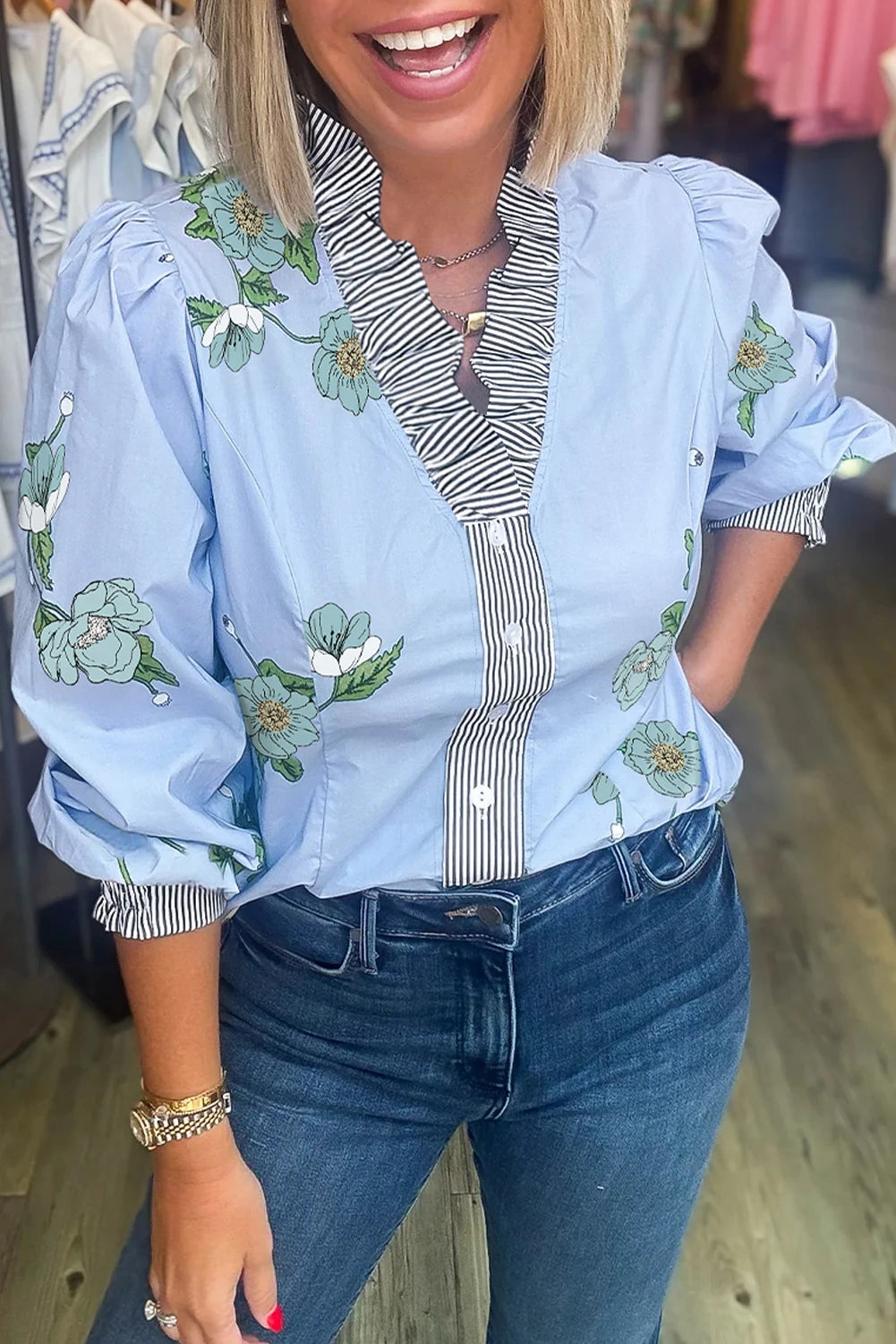Sky Blue Floral Print Contrast Striped Trim Ruffled V Neck Fall Blouse