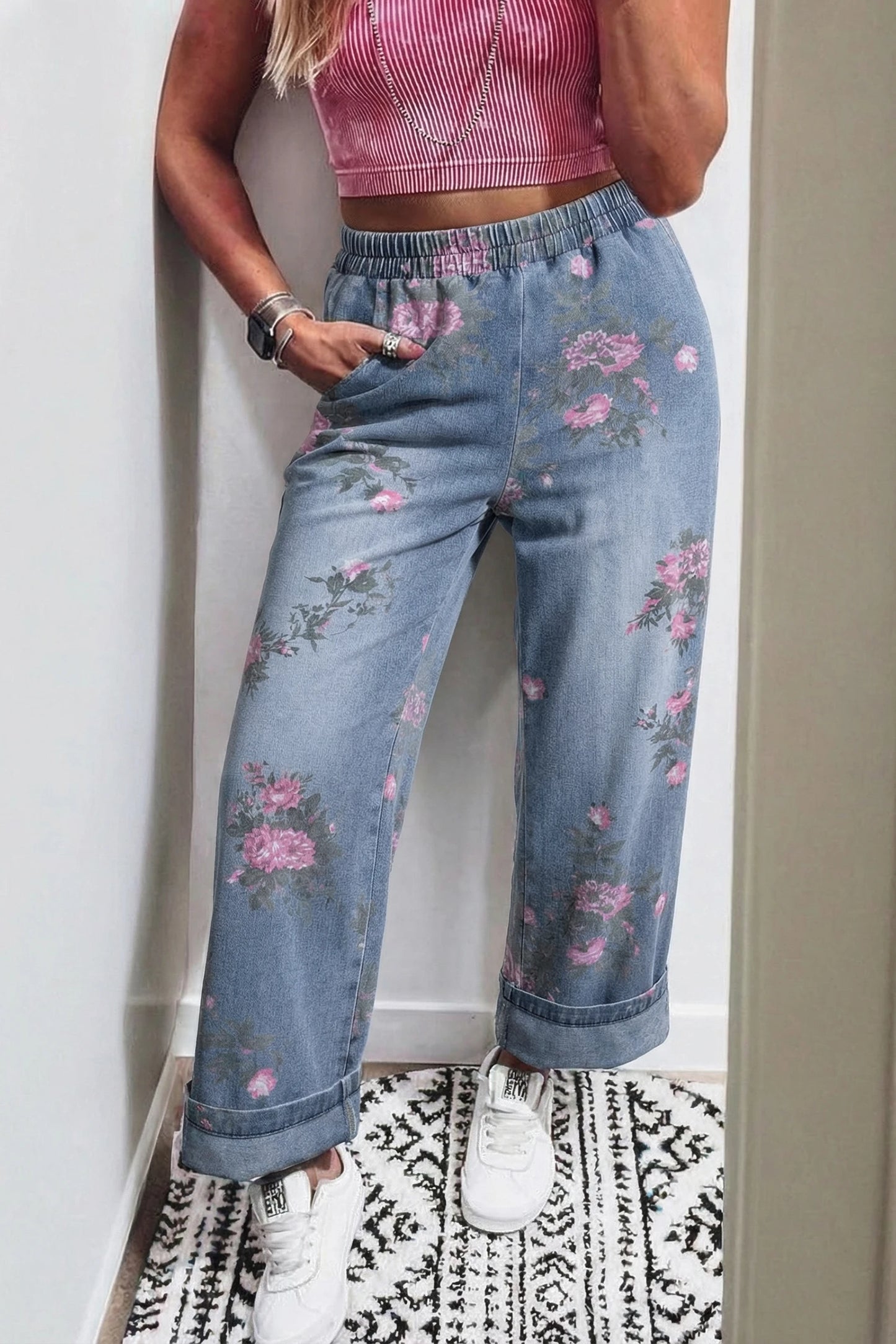 Beau Blue Floral Print Elastic Waist Pull On Casual Jeans