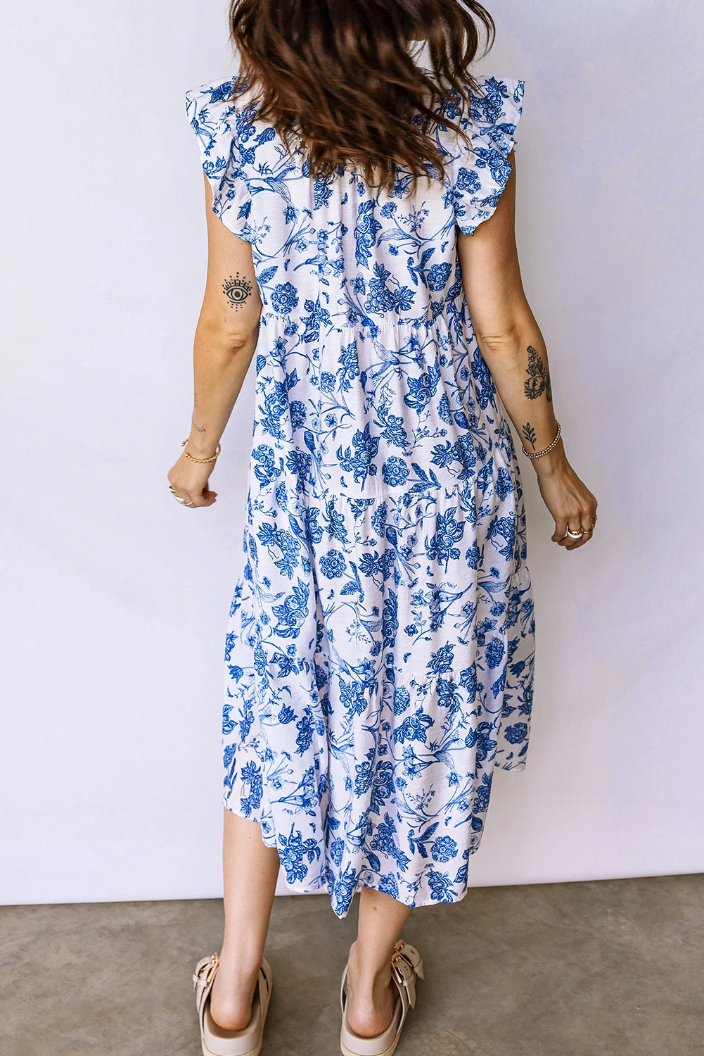 Blue Ruffled Short Sleeve Tiered Floral Midi Dress