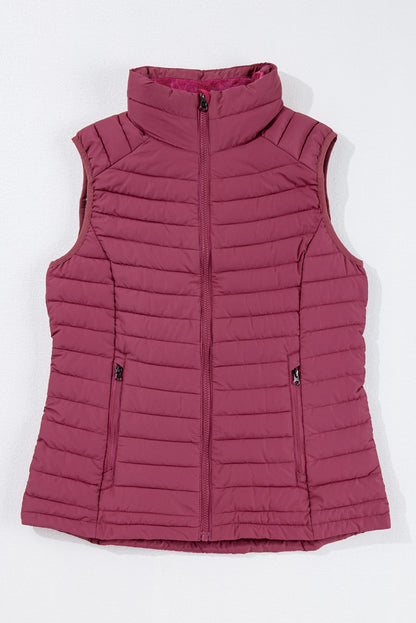 Plush Collared Quilted Zipped Puffer Vest