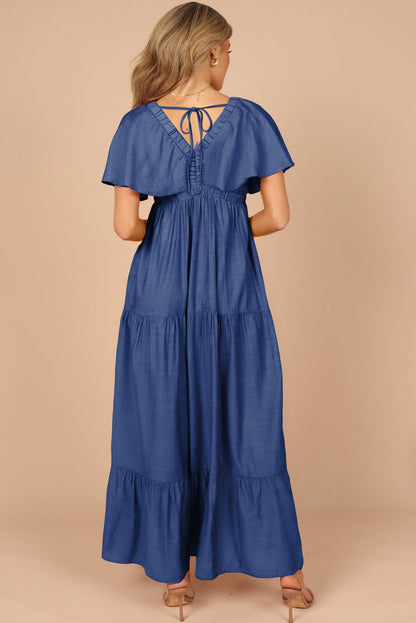 Textured V Neck Flutter Sleeve Ruffled Maxi Dress