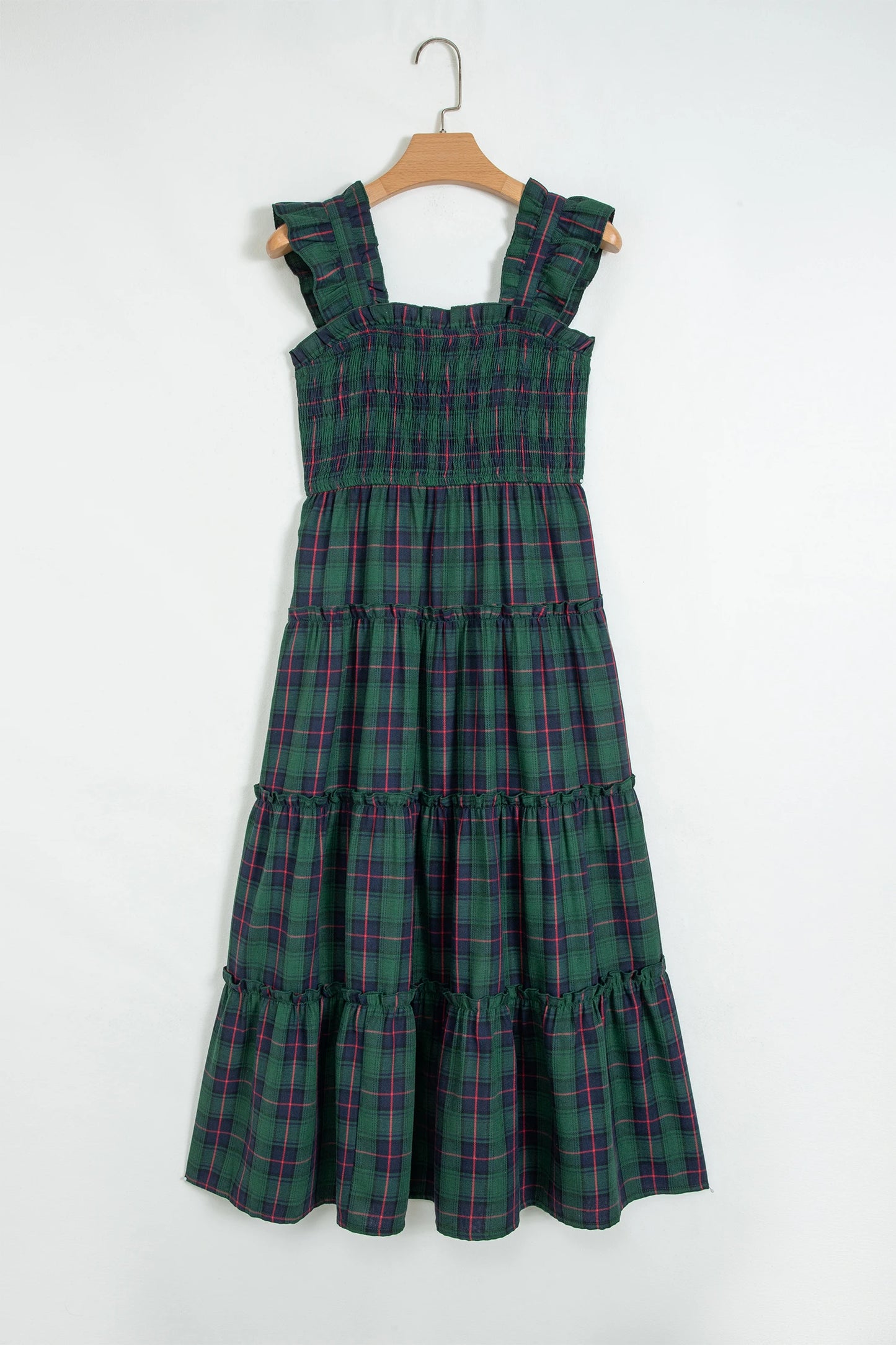 Green Plaid Ruffle Sleeveless Shirred Bodice Tiered Midi Dress