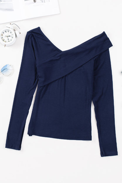 Blue Ribbed Wrap V Neck Long Sleeve Top