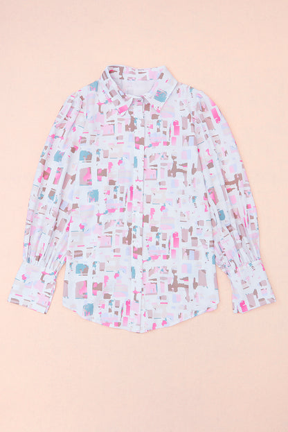 Multicolor Abstract Print Lantern Sleeve Casual Shirt