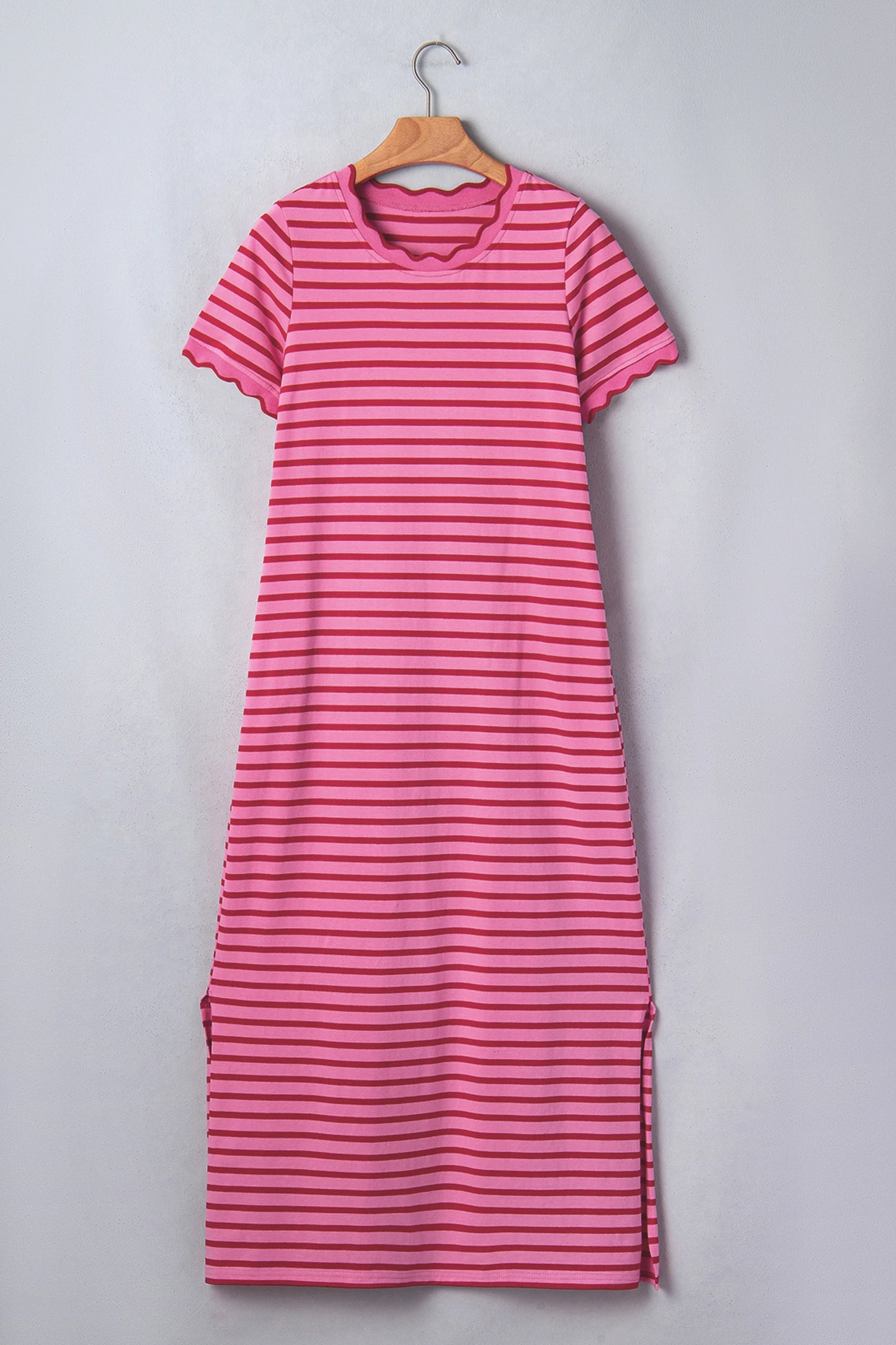 Rose Stripe Striped Short Sleeve Scalloped Trim Side Slit T-Shirt Dress