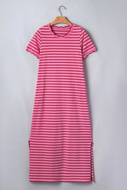 Rose Stripe Striped Short Sleeve Scalloped Trim Side Slit T-Shirt Dress