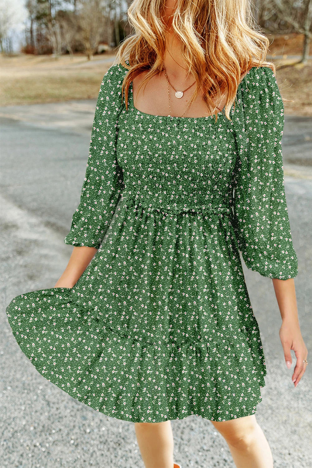 Floral 3/4 Sleeve Square Neck Smocked Mini Dress