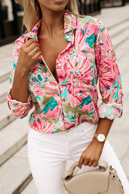 Abstract Floral Print Buttoned Sheath Long Sleeve Shirt