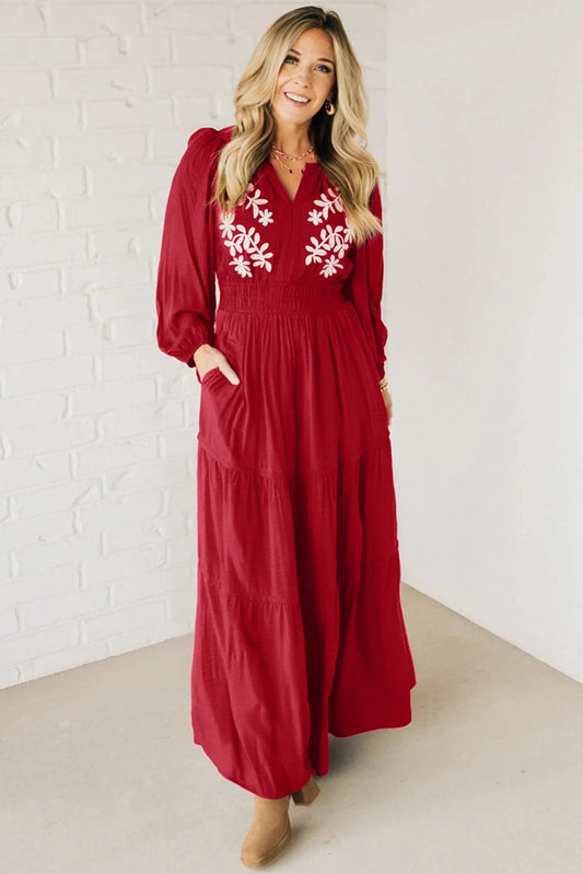 Racing Red Contrast Embroidered Detail Cinched Waist Tiered Long Sleeve Maxi Dress
