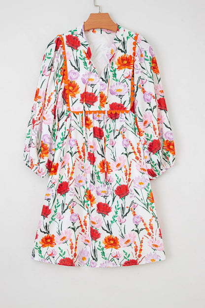 Beige Floral Print 3/4 Puff Sleeve Ricrac Trim Mini Dress