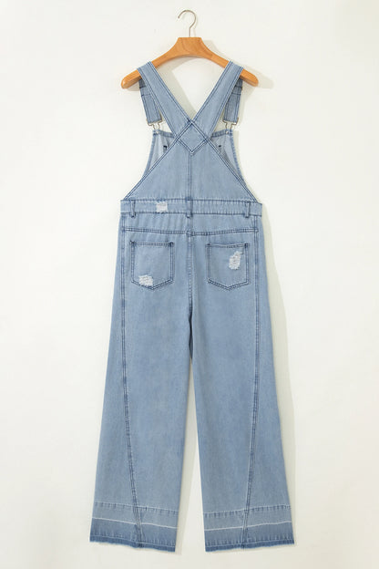 Mist Blue Retro Distressed Button Adjustable Straps Denim Overall Jumpsu