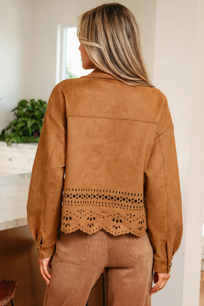 Solid Color Faux Suede Hollowed Detail Retro Style Jacket