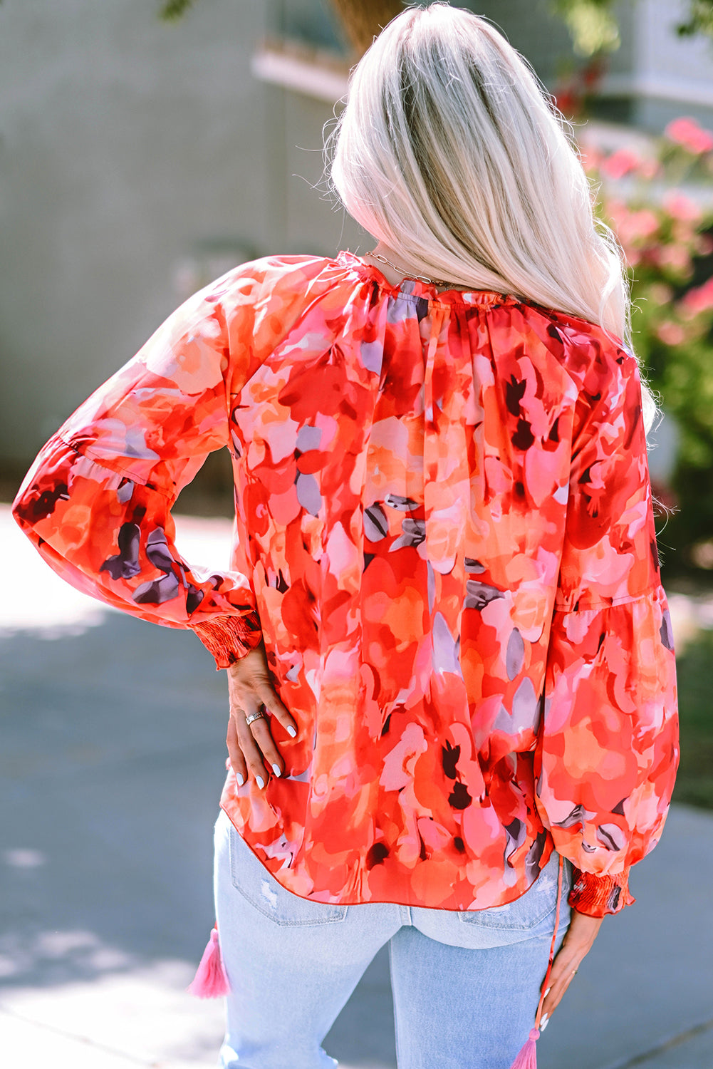 Red Floral Print Split Neck Tassel Tie Blouse