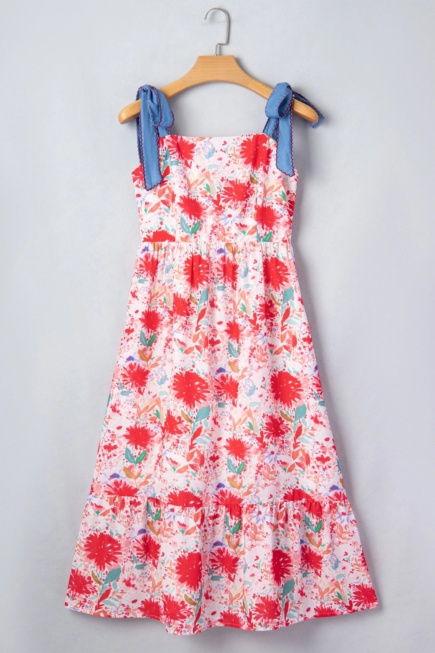 Floral Print Contrast Stitched Knot Denim Straps High Waist Dress
