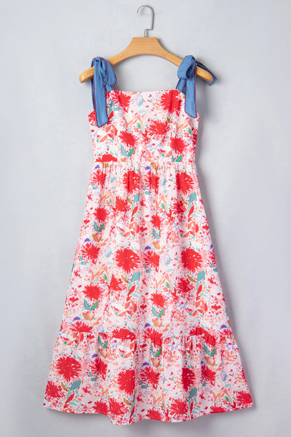 Floral Print Contrast Stitched Knot Denim Straps High Waist Dress
