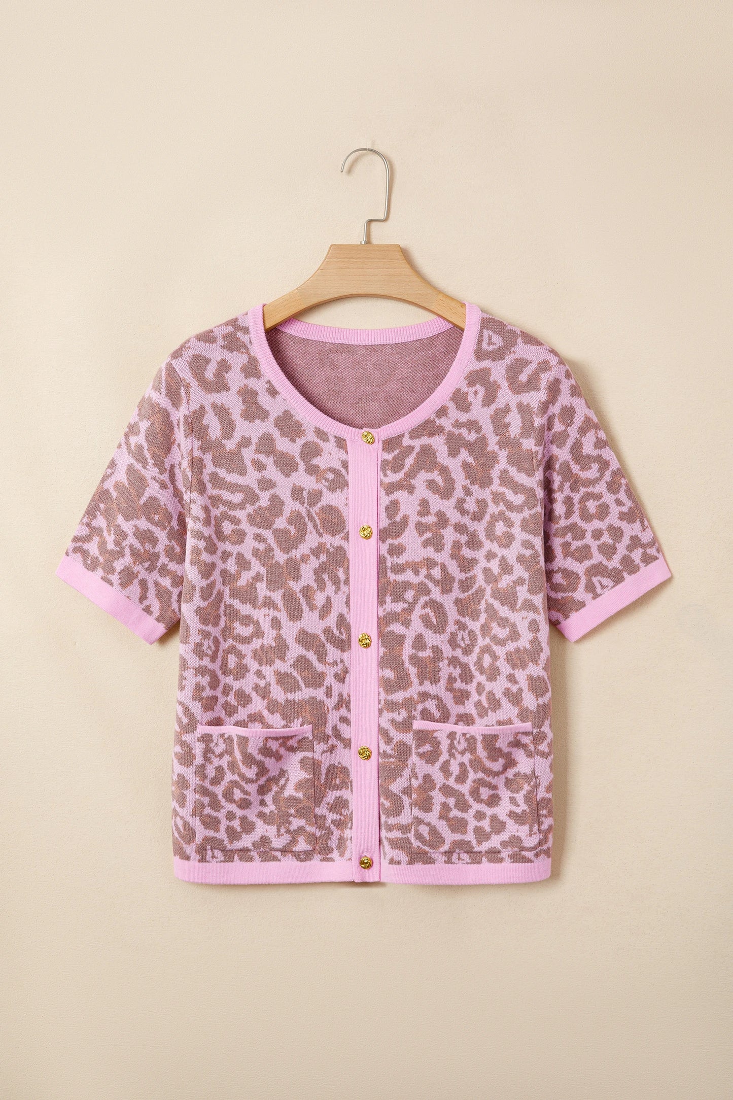 Pink Leopard Button Down Short Sleeve Sweater Cardigan