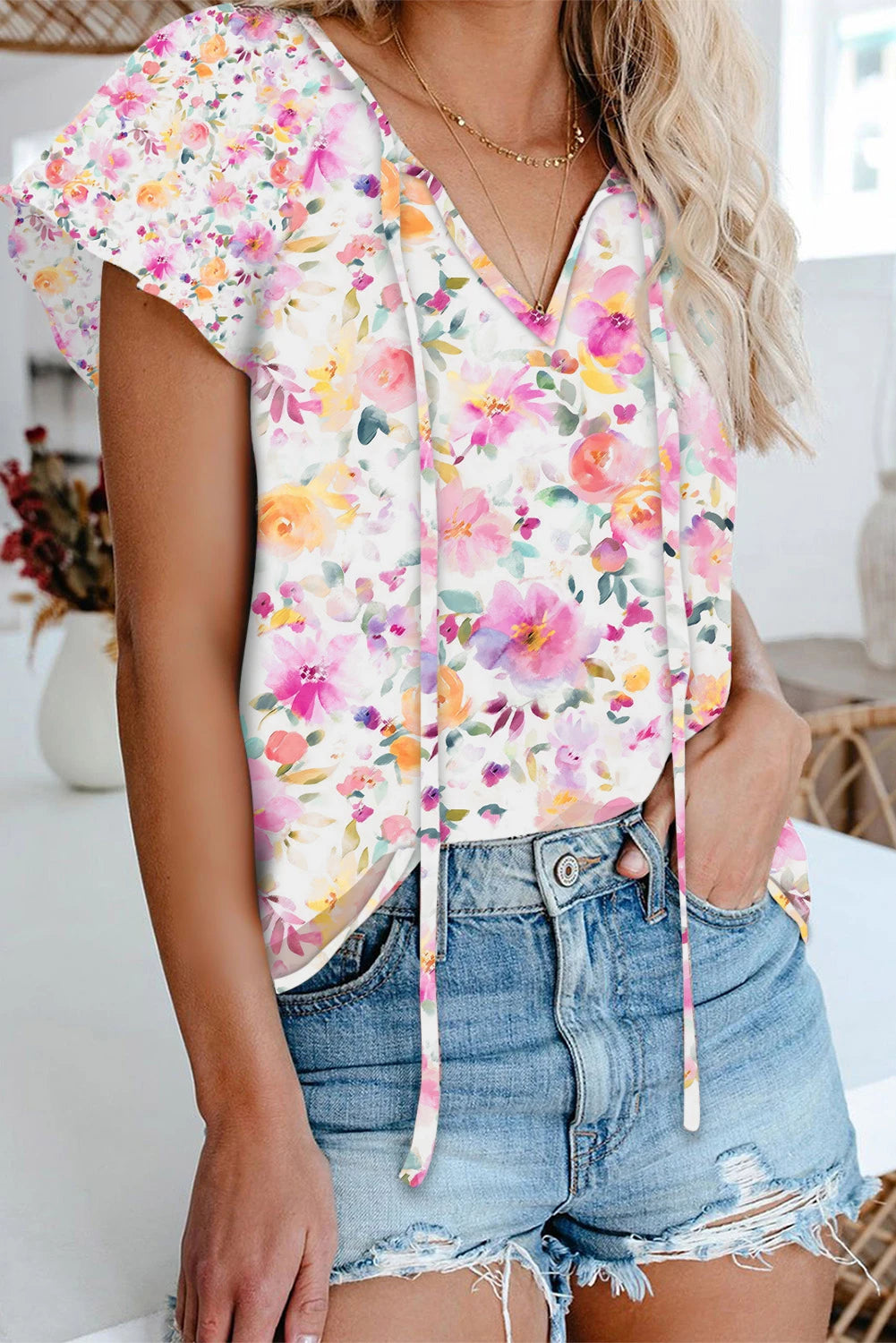 Pink V-neck Short Sleeve Fashion Print Fantasy Fluttering Blouse