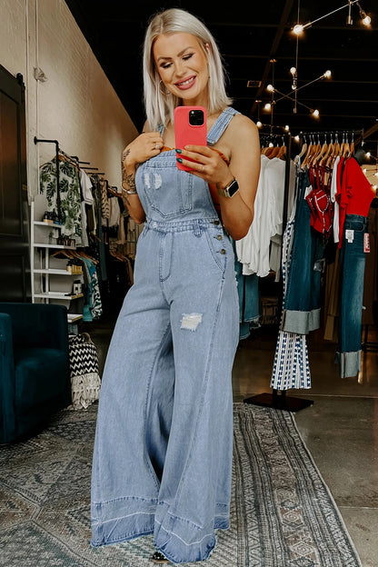 Mist Blue Retro Distressed Button Adjustable Straps Denim Overall Jumpsu