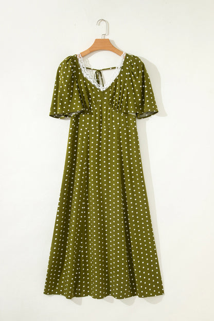 Green Polka Dot Print Lacy Neckline Smocked High Waist Maxi Dress