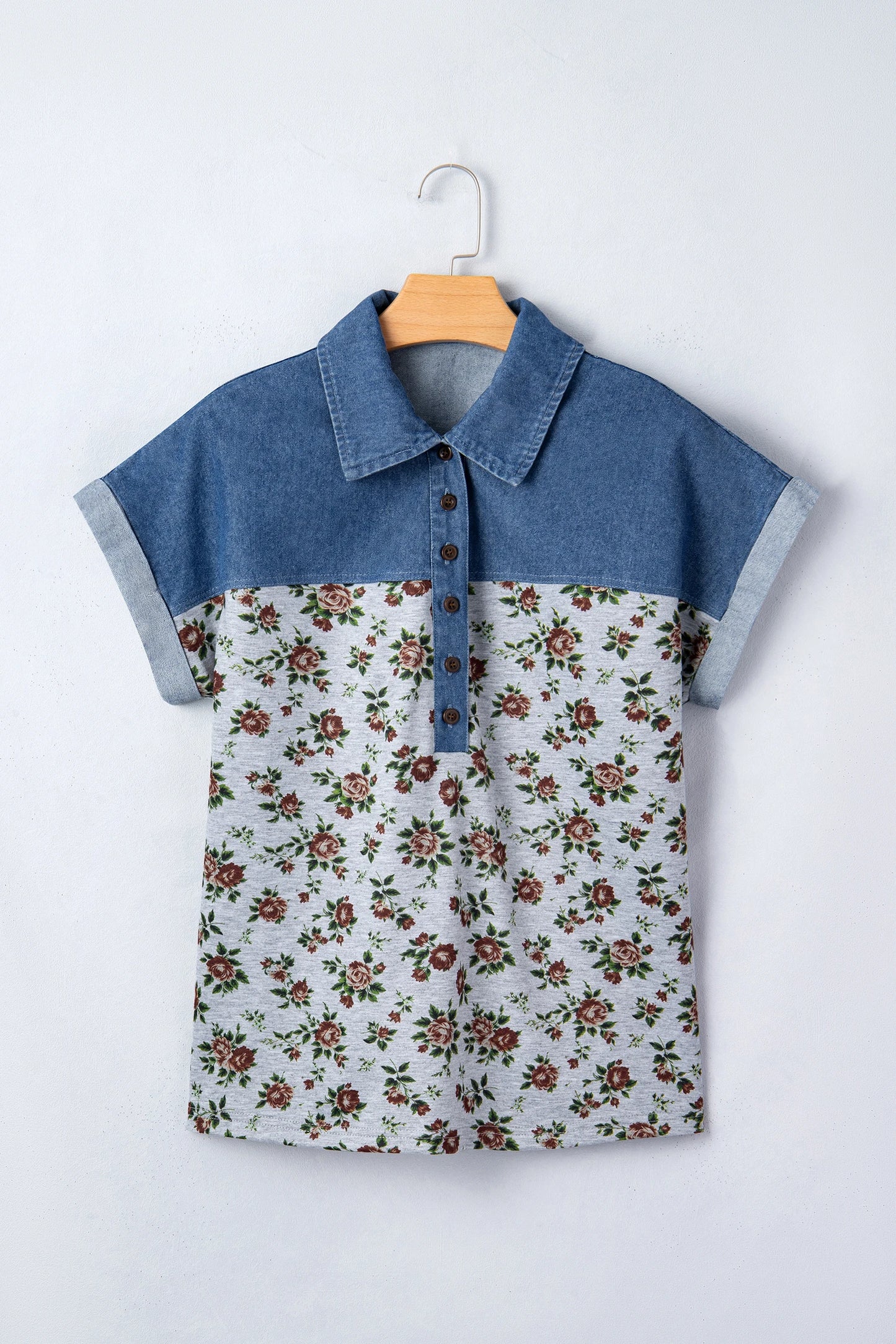 Retro Floral Print Denim Patchwork Buttoned Polo Collar Top