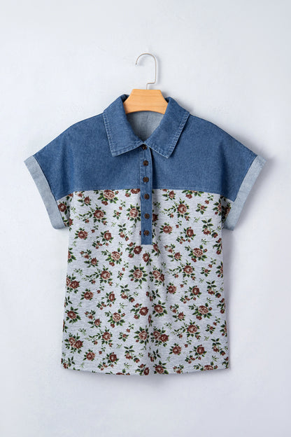 Retro Floral Print Denim Patchwork Buttoned Polo Collar Top