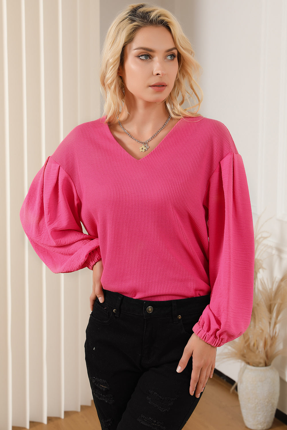 Waffle Knit Balloon Sleeve Splicing V Neck Top