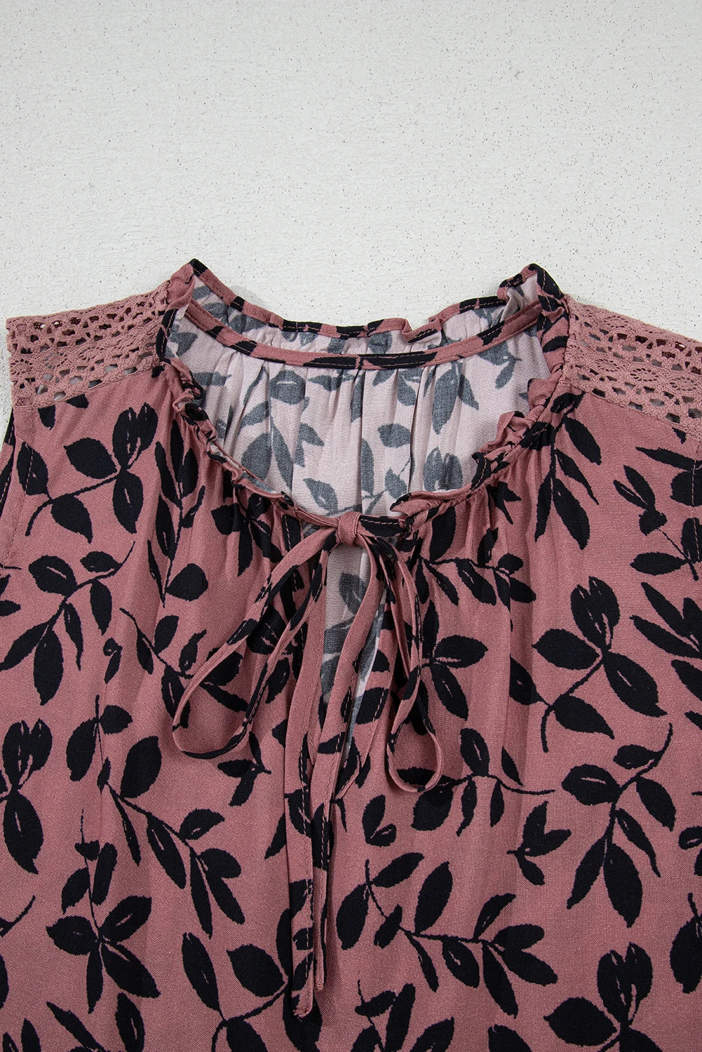 Brown Leaf Print Lace-up V Neck Crinkled Tank Top