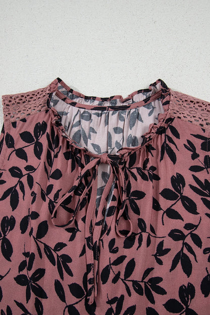 Brown Leaf Print Lace-up V Neck Crinkled Tank Top