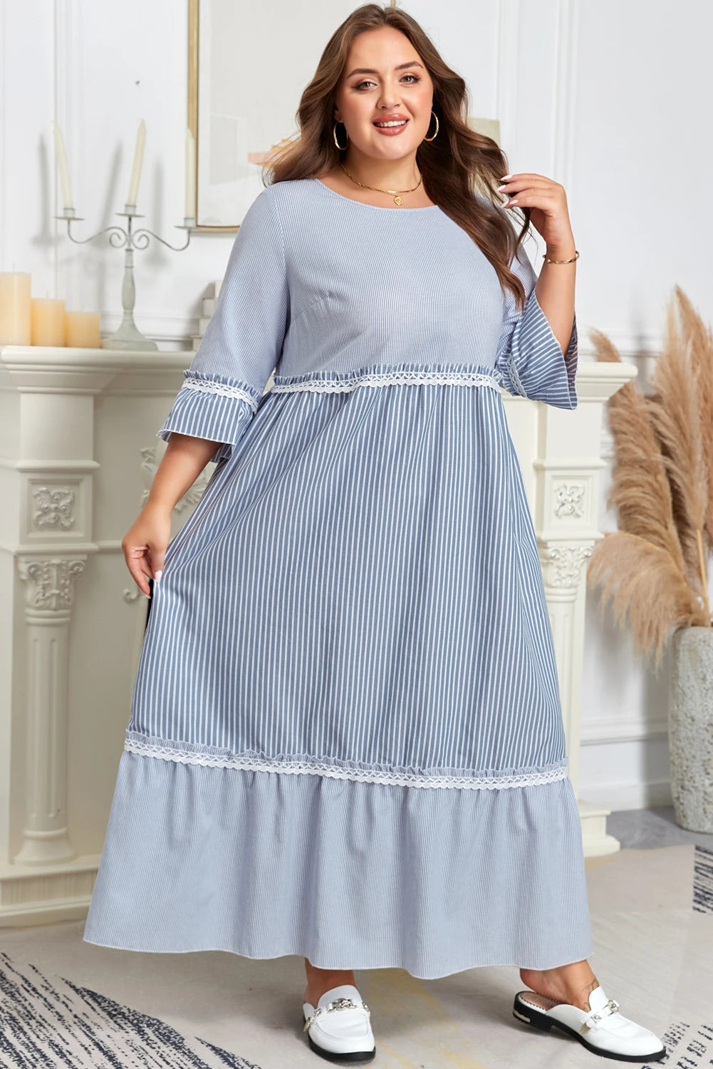 Sky Blue Stripe Crisscross Lace Detail Mixed Striped Patchwork Plus Size Shift Long Dress